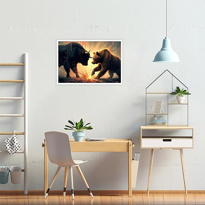 Trendy Bull And Bear Confrontation Wall Art Funny Bull And Bear Stock Market Canvas Posters Funny Animal Prints Painting For Office Living Room Wall Decor 16x24in Unframed