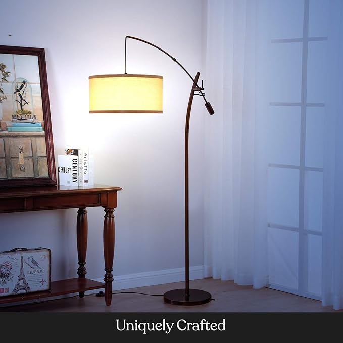 Brightech Grayson LED Floor Lamp, Modern Arc Lamp with Linen Shade for Office & Living Room, Tall, Height Adjustable Industrial Standing Lamp for Bedroom Reading, Over The Sofa - Bronze