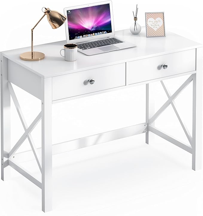 WiberWi Home Office Desk with Drawers White Modern Writing Computer Desk, Small Makeup Vanity Table for Bedroom, Study Table for Home Office