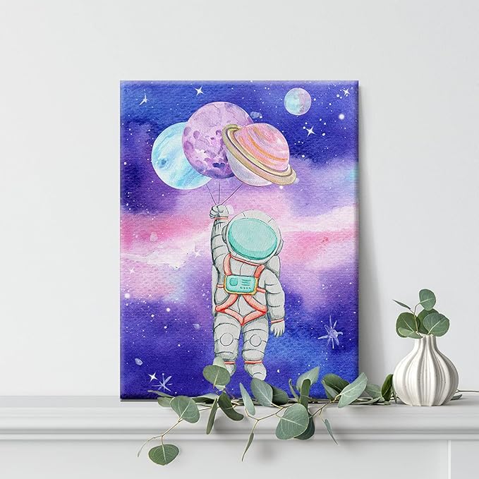Outer Space Canvas Wall Art Watercolor Planet Astronaut Canvas Painting Prints for Home Kids Bedroom Nursery Wall Decor Framed Space Artwork Gifts(12x15 Inch)