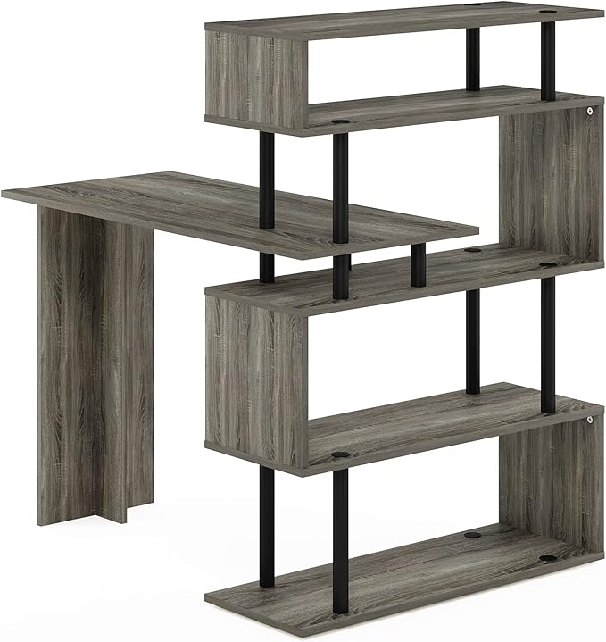 Furinno Classic L Shape Computer Desk, Gaming Desk, Office Desk with 5-Tier Shelves, 40" Wide, for Home Office, Study, Gaming, Grey Oak