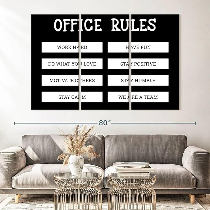 Elephant Stock - Office Rules Wall Art - Horizontal Multi Panel Canvas - 3 Piece Home Office Wall Decor - Digital Art Motivational Typography Multi Piece Wall Art - Black And White Decor by Cad Designs - 65" x 42"
