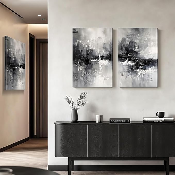 Dytila 3 Piece Large Black And White Abstract Canvas Wall Art for Living Room, Black And Grey Wall Decor, Modern Minimalist Art Print Pictures, Home Artwork - Dining Room Office Framed 12x16 Inch