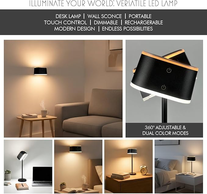 2 Pack Cordless Table Lamps, Rechargeable Touch Lamps for Nightstand & Dining Table, 3 Color Temps 3000K-6500K, Dimmable, Dual-Tone Design, USB-C Portable Bedside Lights, Set of 2, Black