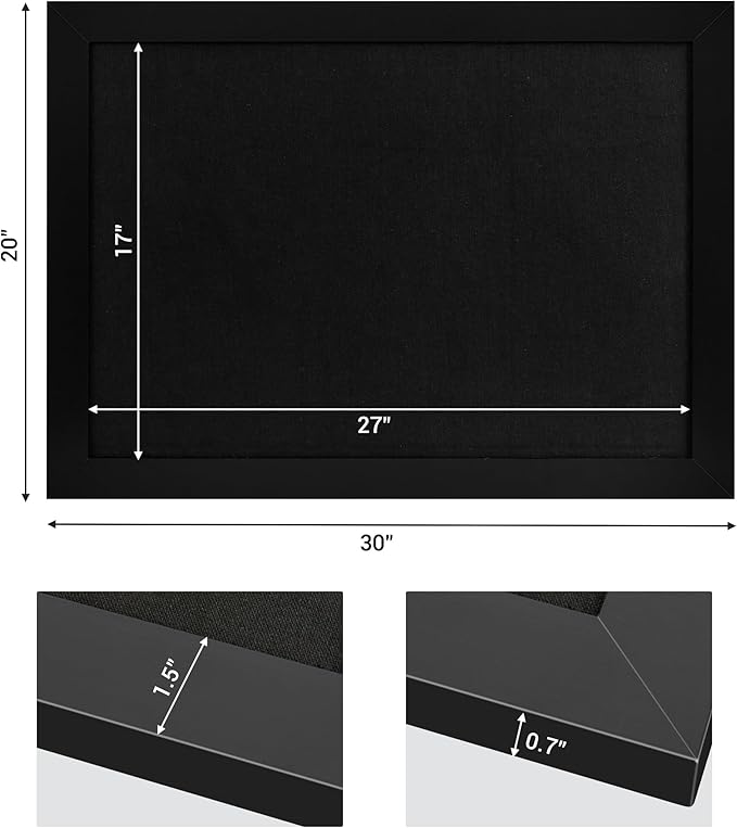 Board2by Black Cork Board Bulletin Board with Linen, Wood Framed 30" x 20" Corkboard, Office Board for Wall Decor, Wall Mounted Pin Board Picture Board with 20 Pushpins for School, Home & Office