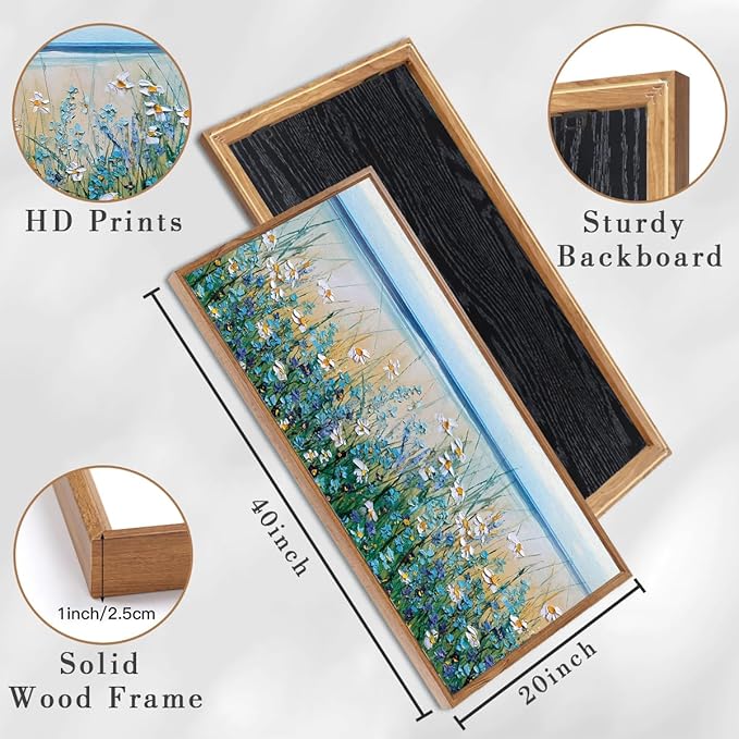 BINCUE Large Blue Seaside Floral Framed Wall Art,Nature Blue Flower Canvas Wall Decor,Wildflower Artwork Blossom Botanical,Flower Sea Landscape Daisy Paingting for Living Room Bedroom Home 20''x40''