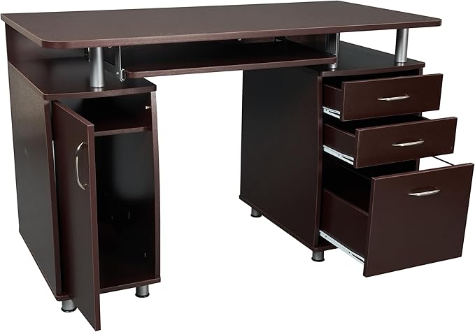 Techni Mobili 47.5'' Computer Desk with File Cabinet and Drawers, Storage Cabinet with Removable Shelf and Ventilation for CPU, Home Office Desk or Computer Workstation with Keyboard Tray (Chocolate)