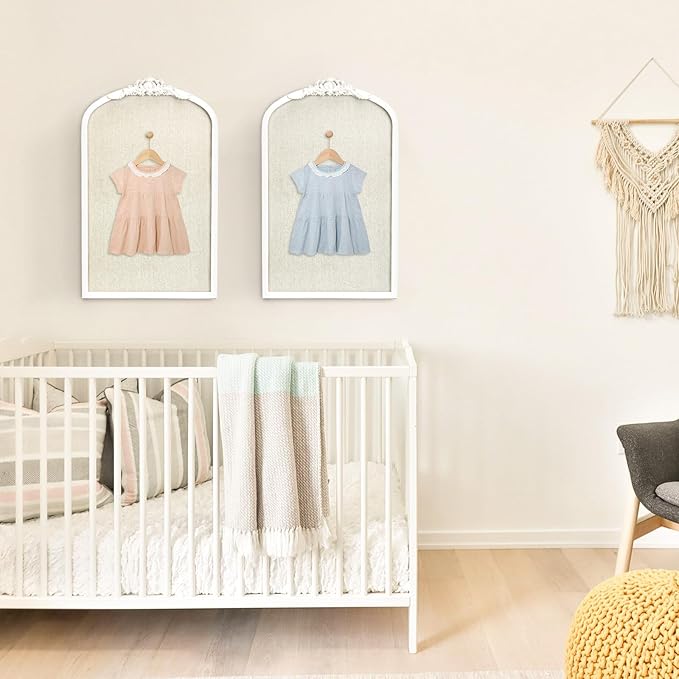 Bulletin Board with Linen, Vintage Arch Framed Pin Board – 19 x 31 White Cork Board for Walls, White Pine Wood Frame, Fabric Pinboard, Vision Board for School, Home & Office