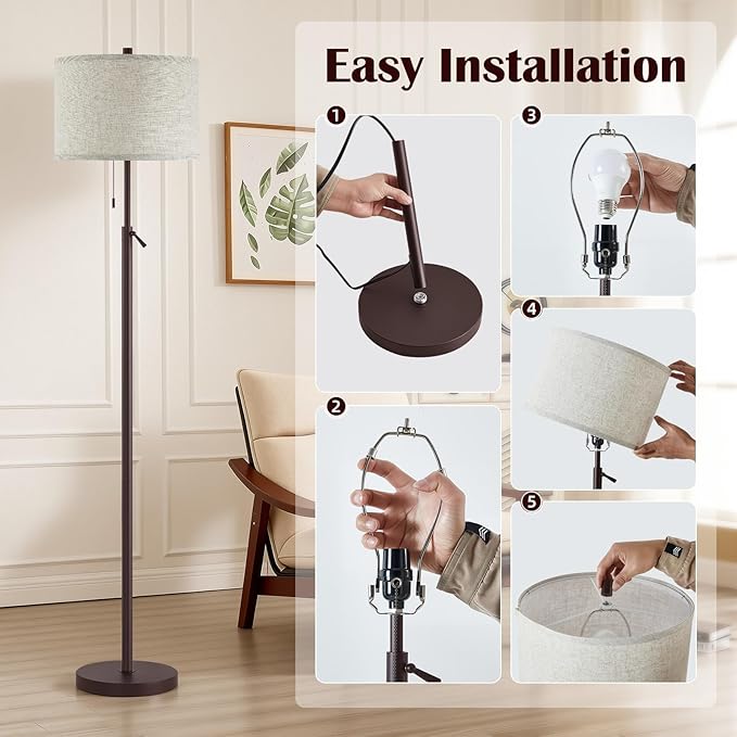 GyroVu Height Adjustable Floor Lamp, Standing Lamp with Metal Base Tall Lamp with Pull Chain & Beige Shade Modern Floor Lamps for Living Room, Bedroom & Office Bulbs Not Included(Brown)