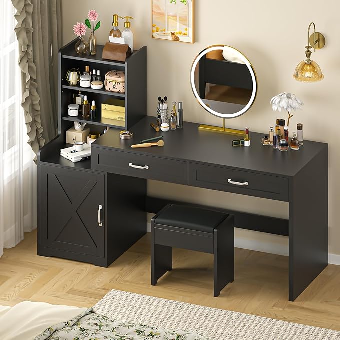 60" Computer Desk with 2 Drawer & Bookshelves, Home Office Desk with Storage Cabinet & Spacious Desktop, Writing Gaming Study Table with Bookcase, Black