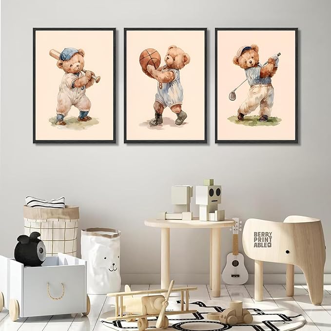 Teddy Bear Sports Nursery Animal Wall Art Cute Woodland Rugby Wall Decor Pictures Vintage Basketball Baseball Kids Room Canvas Poster Prints for Boys Room Bedroom Decorations Unframed(12x16in poster)