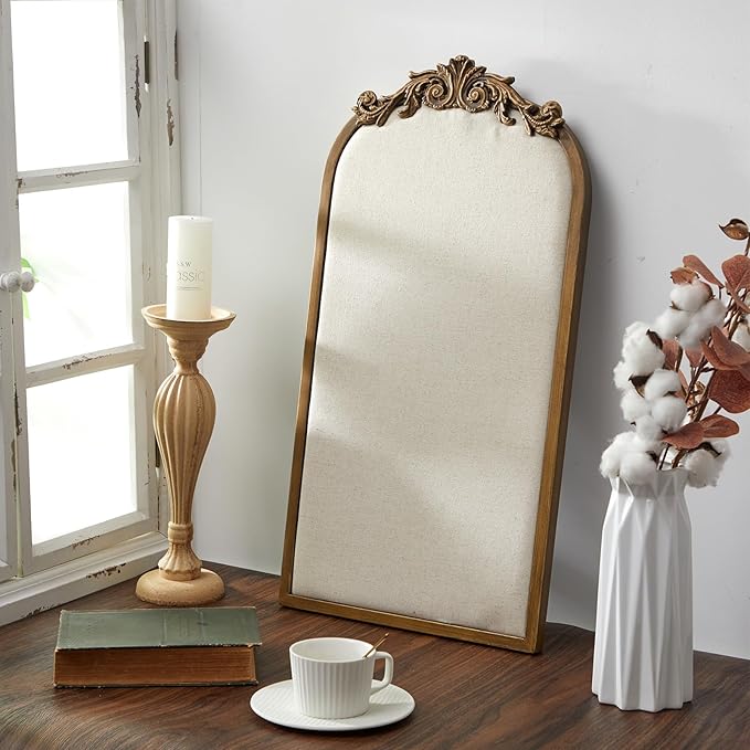 Vintage Framed Pin Board Linen Display Bulletin Board Large Cork Fabric Picture Photo Pinboard Memo Ornate Decorative Pinboard Ornate for Wall Gift(Arch,13" X 25",Vintage Golden)