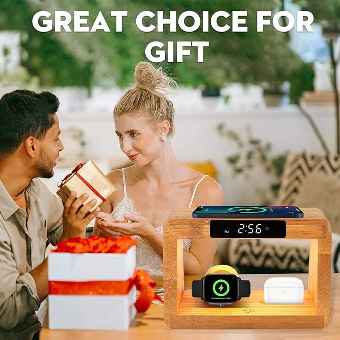 Wooden Bedside Table Lamps for Bedroom with Wireless Charger, nightstand lamp with Charging Station, 3 Night Light Modes Dimmable Touch Bedside Lamps with Alarm Clocks Lamps for Night Stands