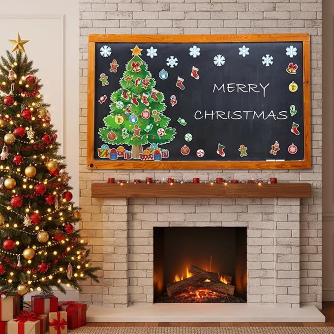 3Ft Big Christmas Tree Bulletin Board Set Christmas Tree Holiday Bulletin Board Decoration with Christmas Stockings Snowflakes Cutouts for Classroom Home Chalkboard Wall Decoration (Christmas Tree)