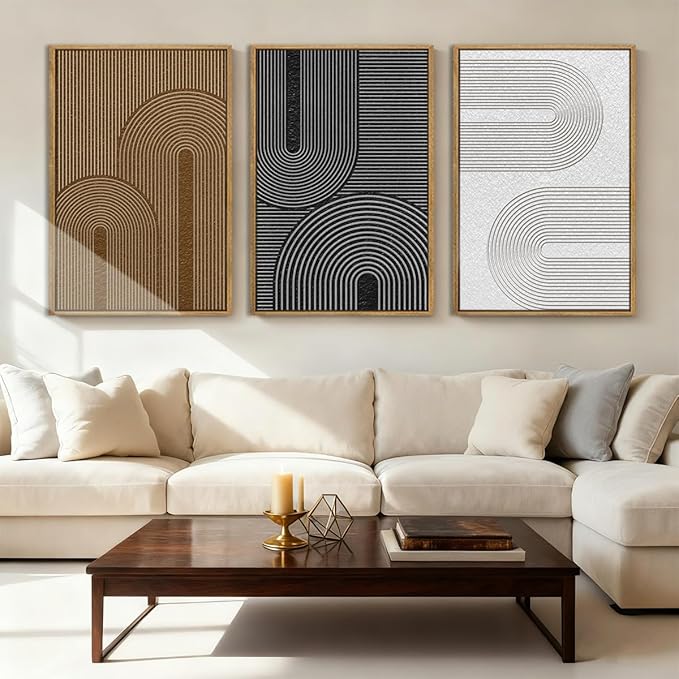 BINCUE Extra Large Abstract Wall Art Framed,Dark Modern Neutral Wall Art Canvas,Boho Artwork Minimalist,Black Brown White Geometric Line Painting for Home Living Room Bedroom 24x36 Inches Set of 3