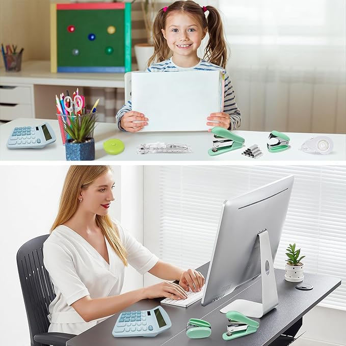 Ohmywor Office Supplies Set, Desk Accessories Includes Stapler Staples, Correction Tape, Calculator, Paper Clip, Transparent Note, Scissors, Tape Measure for Office School Clerk Student