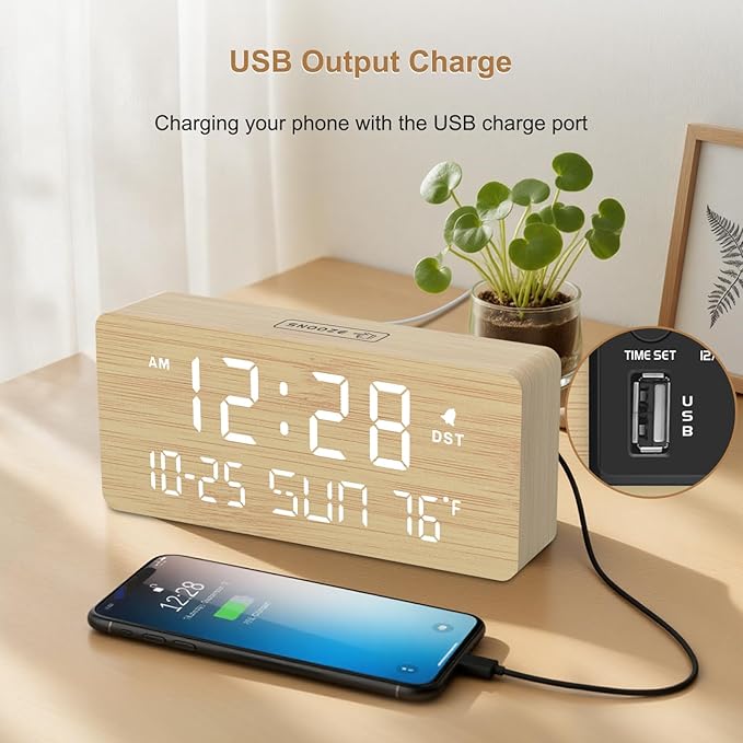DreamSky Wooden Digital Alarm Clocks for Bedrooms - Living Room Desk Clock with Date and Day of Week, Temperature, USB Port, Dimmer Wheel, Adjustable Volume, Auto DST, Wood Decor for Office Table