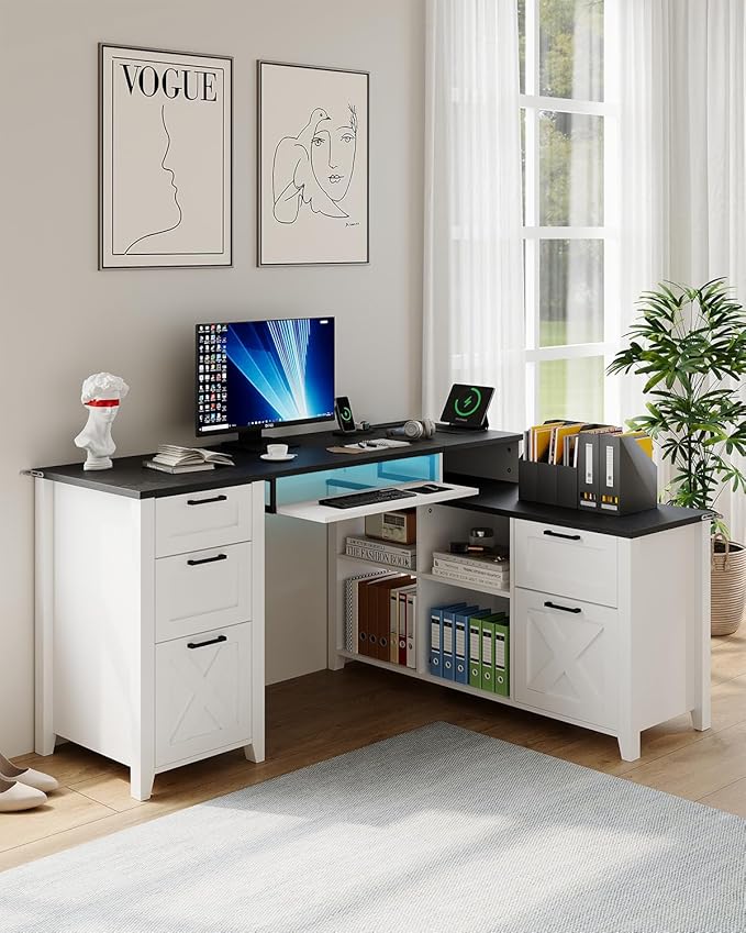 HOPUBUY Farmhouse L Shaped Executive Desk with Drawers, 59''Home Office Corner Desks with Charging Station,File Cabinets,Storage Compartments Wood Computer Desk Writing Table w/Keyboard Tray,White