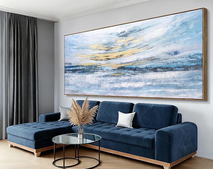 Nicetop 86x39 Extra Large Abstract Ocean Sunset Wall Art, Hand-Applied Gold Foil & Hand-Painted Texture, Serene Coastal Oil Painting, Natural Wood Frame, Modern Decor for Living Room Bedroom Office