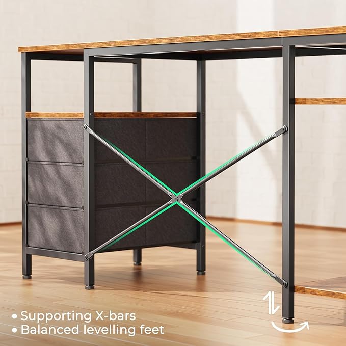 Simple Deluxe L Shaped Gaming Desk with Power Outlets, 55 Inch Computer Desk with 3 Drawers, Shelves, Corner Computer Desk for Gaming, Corner Work, Home Office, Study, Rustic Brown