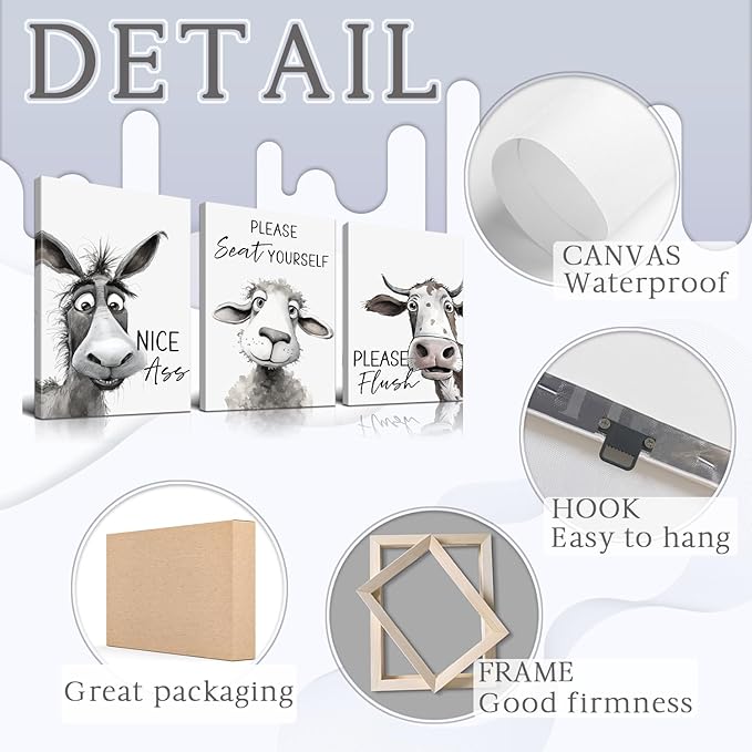 3 Pieces Funny Bathroom Art Funny Wall Art Modern Farmhouse Quote Bathroom Pictures Wall Decor Featuring Horse Sheep Cow Artwork Animal Pictures, with Wooden Frame Easy to Hang (16x24 Inch x3)