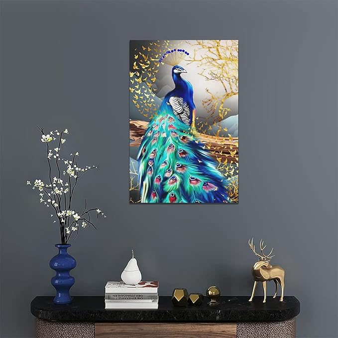 yerretin Peacock Wall Art Peacock Golden Tree Pictures Wall Decor Bird Canvas Painting Modern Decoration Artwork for Bathroom Living Room Bedroom Office Framed 16"x24"