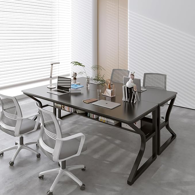 Extra Long Desk with Bookshelf - 71" Double Long Writing Table for 2-Person Workstation, Modern Study Work Computer Desk for Home and Office, Black