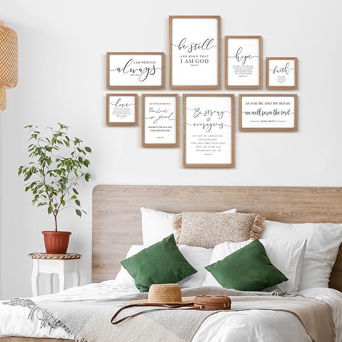 Faccito 8 Set Christian Wall Art Large Wooden Framed Farmhouse Bible Verses Home Decor Neutral Prayer Room Decor Minimalist Christian Scripture Wall Art for Home Office Living Room Bedroom Church