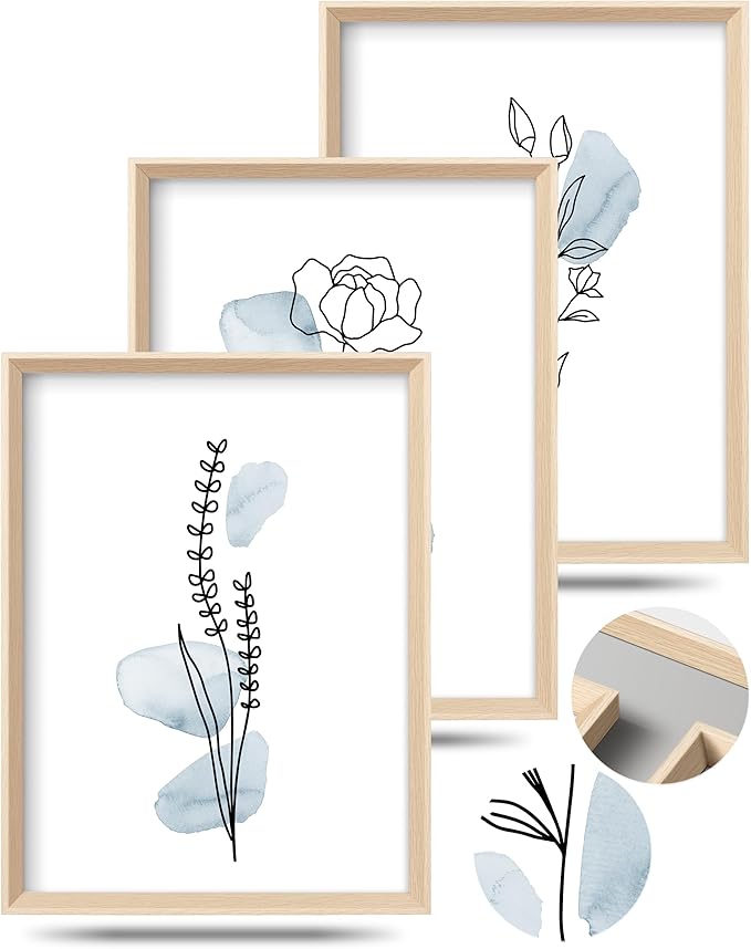 HesenDot Framed Blue Floral Canvas Wall Art,Minimalist Botanical Wall Art Decor,12x16IN Wood High Framed Prints,Boho Flowers Artworks Prints Posters for Living Room,Kitchen,Bedroom Set of 3