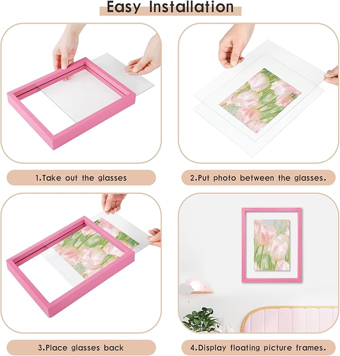 MUYE 10x10 Floating Frame Set of 2,Double Real Glass Square Photo Frame,Display Any Size Photo up to 10x10,Wall Mount or Tabletop Standing,Pink