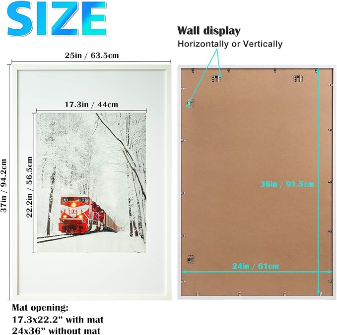 Egofine 24x36 Poster Frames Solid Wood Matted for 18x24, Set of 2 White - Wall Mounting for Horizontal and Vertical Display