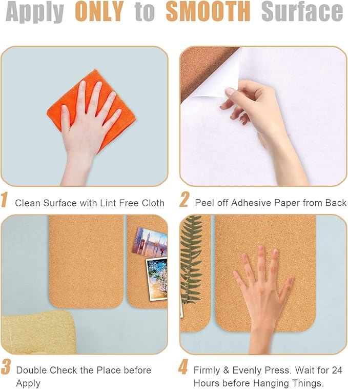 4 PCS 12.5"*5.5" Self-Adhesive Cork Board, 4mm Thick Cork Boards for Walls, 4 Pack 12.5"*5.5" Bulletin Board, Cork Board Tiles for Office, Home, School (4MM-4PC)