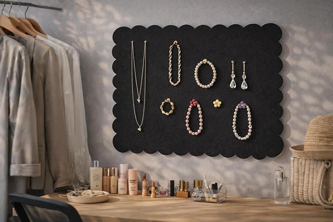 Scalloped Felt Bulletin Board 24x18 in, Thick PET Felt Pin Board, Heat-Pressed Flat, Self-Adhesive Mount, Push Pin Friendly Photo/Card Display for Home, Office, Crafts, Planning, Jewelry (Black)