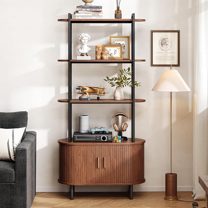 ONBRILL 71" Tall Bookshelf, 4-Tier Book Shelf with Storage Cabinet, Modern Bookcase with Sliding Door and Adjustable Footpad, Freestanding Storage Organizer Bookshelf for Living Room, Bedroom, Walnut