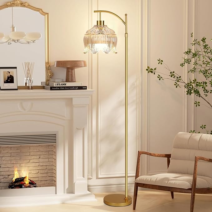 Flower Floor Lamp for Living Room,Bedroom,Gold Dimmable Standing Lamp with Remote,Glass Mid Century Modern Brass Tall Lamp Boho Floor Lamps Arc Stained Floor Light Lamp Bohemian