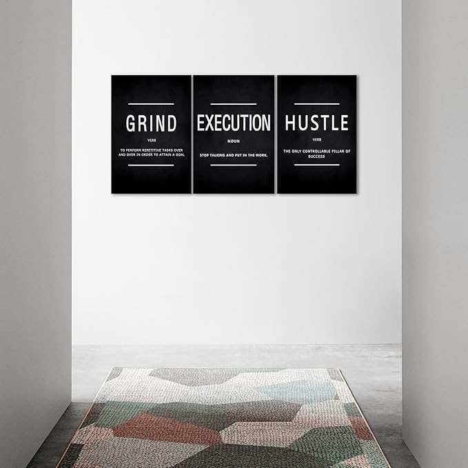 Grind Hustle Execution Wall Art Large Motivational Wall Decor Motivational Quotes Pictures Posters 3 Pieces Framed Canvas Wall Art Prints Goal Artwork Home Office Wall Decor Ready to Hang