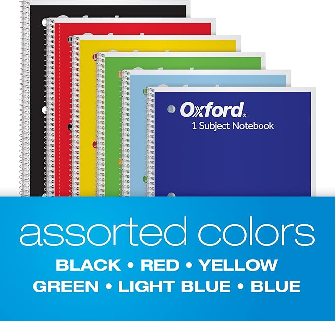 Oxford Spiral Notebooks,1 Subject,Wide Ruled Notebooks for School,8 x 10.5 Inches,70 Sheets,Assorted Colors,Back to School Supplies (65010),6 Count (Pack of 4)