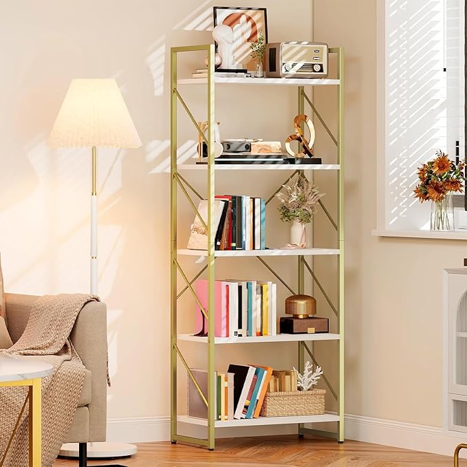 DWVO Gold Bookshelf, Modren 5 Tier Bookcase, Storage Shelves Organizer Standing Shelf, Display Rack Book Shelves for Bedroom,Living Room,Office,Kitchen, Gold
