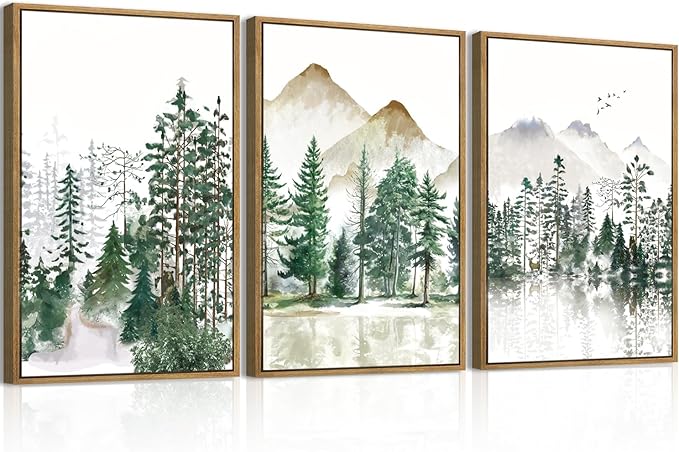 Extra Large Green Forest Mountain Wall Art Watercolor Nature Landscape Framed Wall Decor Boho Pine Tree Painting for Living Room Bedroom Bathroom Office 24x36 Inch Set of 3