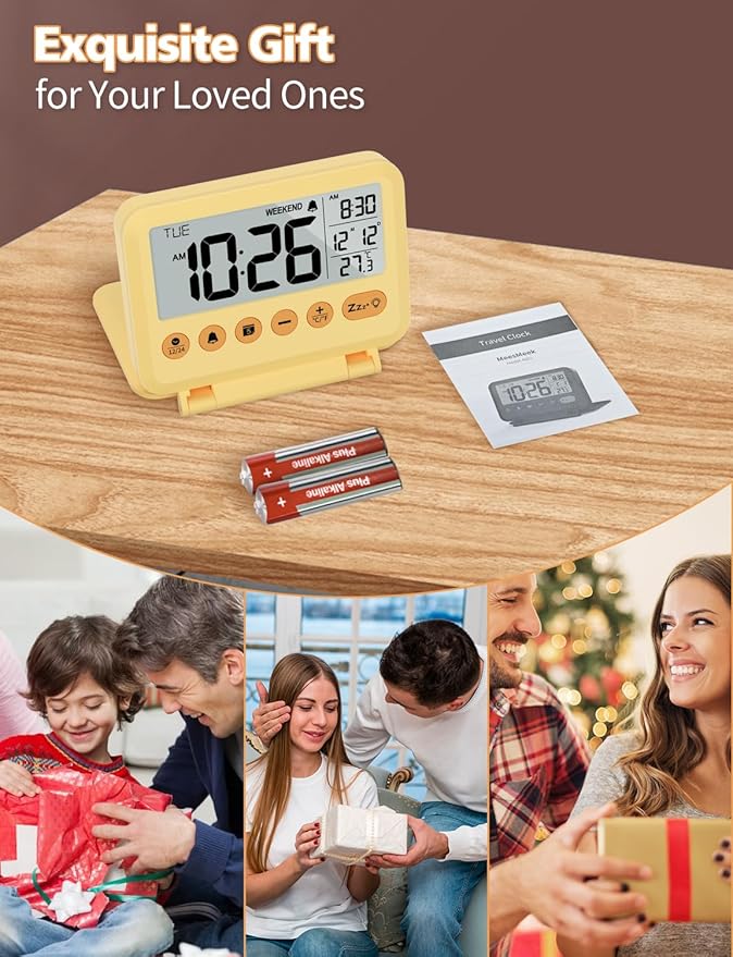 Digital Travel Alarm Clock - 3.54 inch LCD Display, 9-Minute Snooze, 2 Volume Levels, Backlight, Battery Included (Yellow)