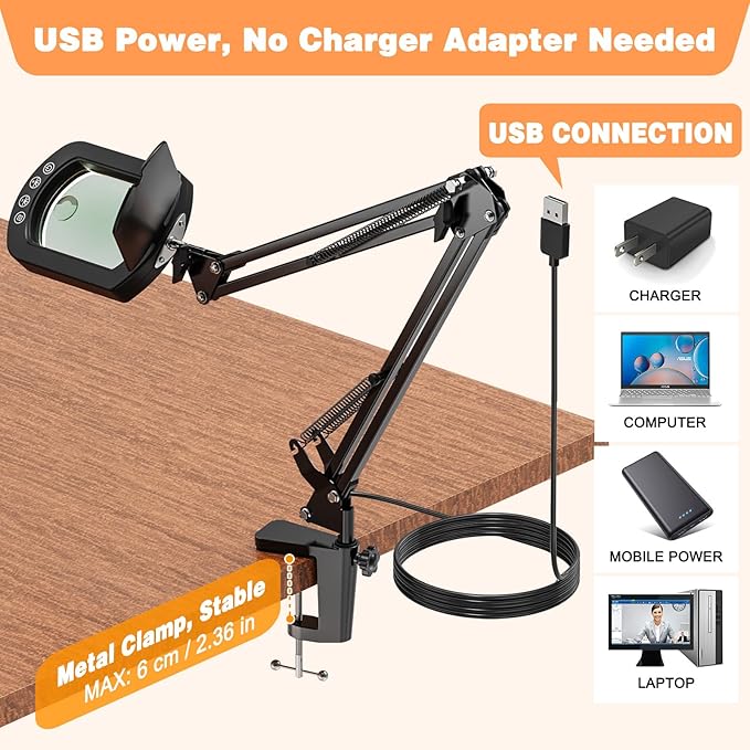 Magnifying Glass with Light and Clamp, 15X 10X Desk Rectangle Magnifying Lamp with Dust Cover, 5 Color Modes, 84 LED Lighted Magnifier Hands Free, Table Lamp with Touch Button for Repair Crafts Hobby