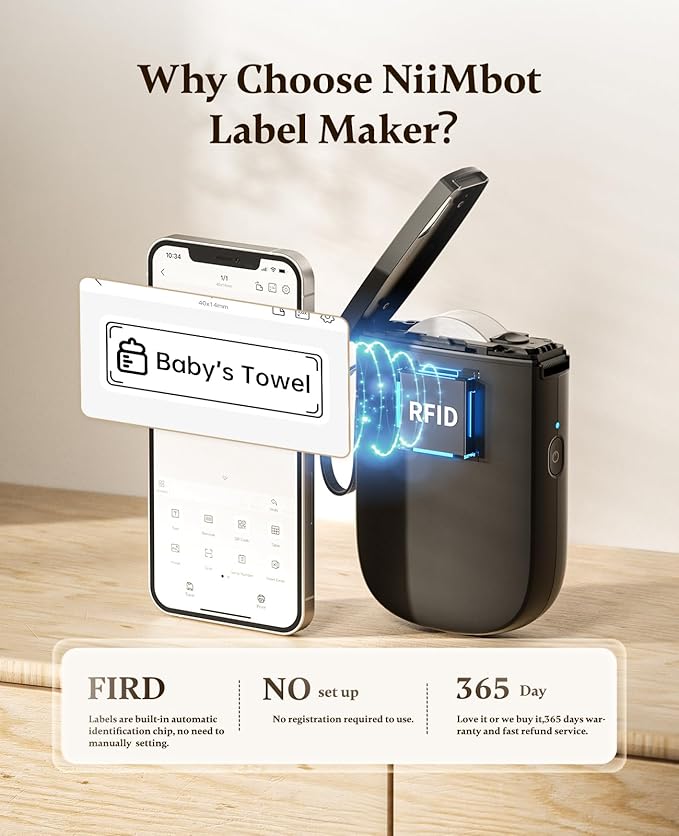 NIIMBOT 300 DPI D11 Label Maker Machine with 1 Tape, Mini Portable Label Printer, Bluetooth Thermal Label Printer Sticker Labeler for Office Home Kitchen School Organization, Black
