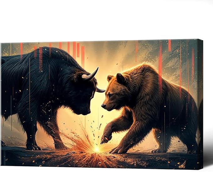 Trendy Bull And Bear Confrontation Wall Art Funny Bull And Bear Stock Market Canvas Posters Funny Animal Prints Painting For Office Living Room Wall Decor 8x12in Framed