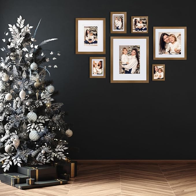 Egofine 5x7 Picture Frames 4 Pack Made of Solid Wood Covered by Plexiglass Matted for 4x6 or 3.5x5 for Table Top Display and Wall Mounting Photo Frame, Light Brown