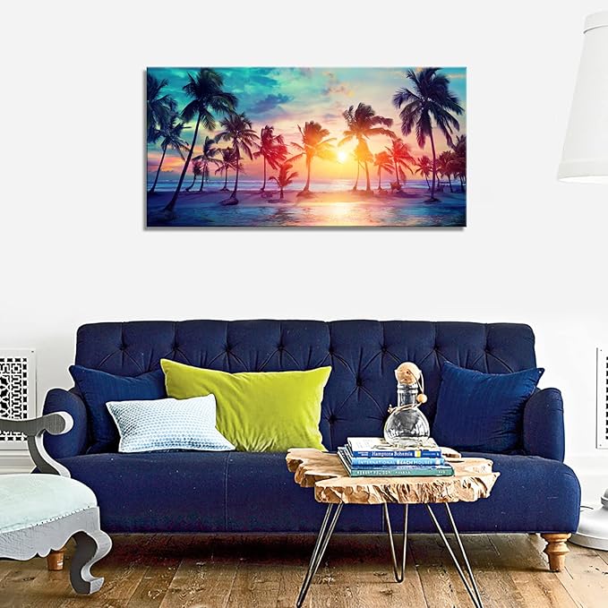 DZL Art S75575 Canvas Wall Art Palm Trees Silhouettes On Tropical Beach At Sunset Beach Seascape Painting Nature Pictures for Living Room Home Office Wall Decor Artwork