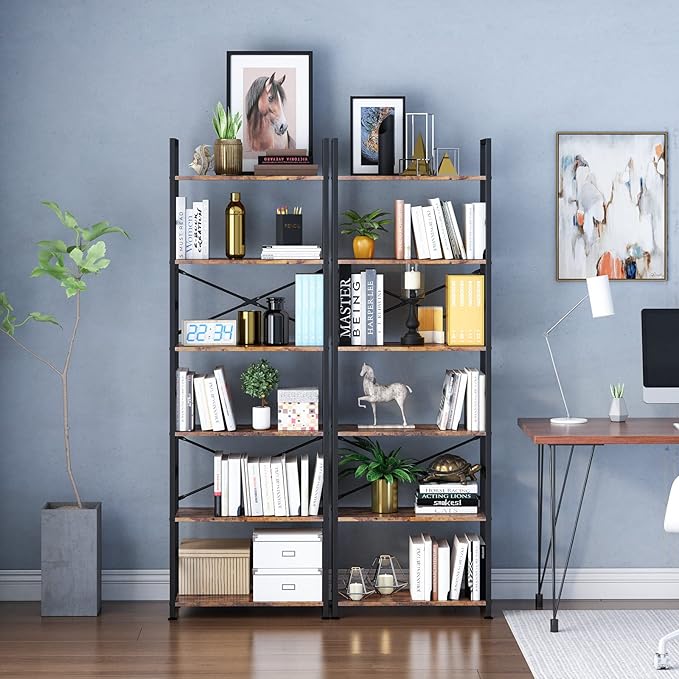 6 Tier Tall Rustic Wood Bookshelf, Metal Frame Standing Bookcase, Open Back Modern Office Bookcases, Industrial Vintage Book Shelf Unit