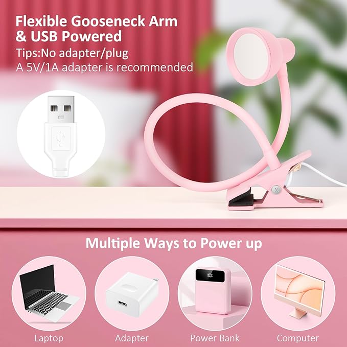 Pink Small Desk Lamp Clip on Reading Light for Bed 3 Colors 10 Brightness Dimmable Flexible Gooseneck Clip on Light for Bed Headboard College Dorm Room