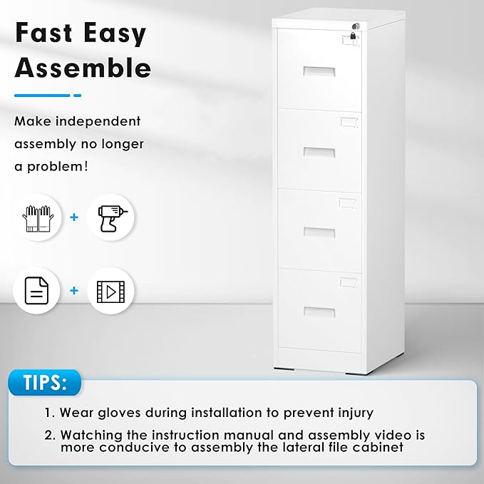 Pataku 4 Drawer File Cabinet with Lock, Sturdy Metal Vertical Filing Cabinets for Home Office, Under Desk Paperwork Storage Fully Extendable Slides Letter Legal A4 Size 18x15x52 Inches, White