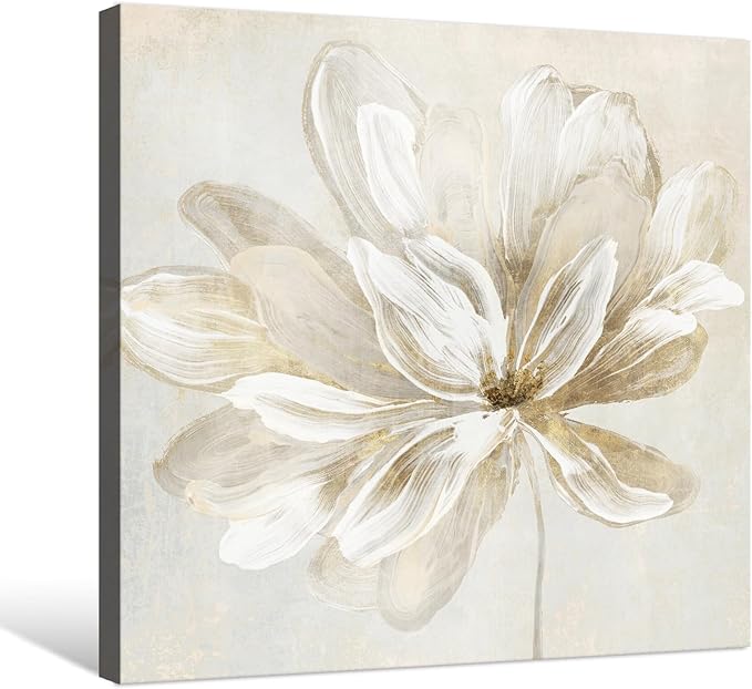 SEVEN WALL ARTS White Flower Wall Art Beige and Gold Blooming Flower Abstract Floral Artwork Print Poster for Living Room Bedroom Bathroom Home Office Wall Decor 24"x24"