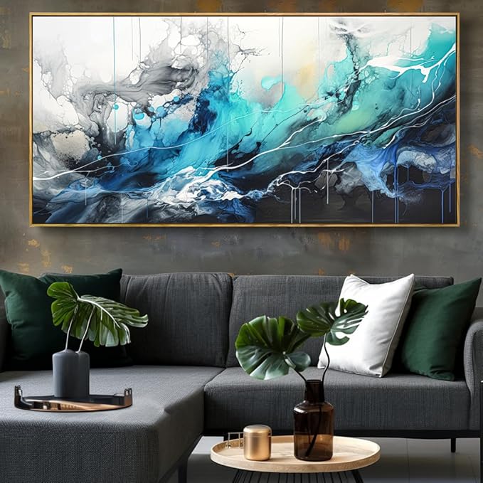 Wall Art Abstract Canvas Painting Teal Blue Modern Artwork for Living Room Bedroom Dining Room Home Office Decor 24"x48" with Framed